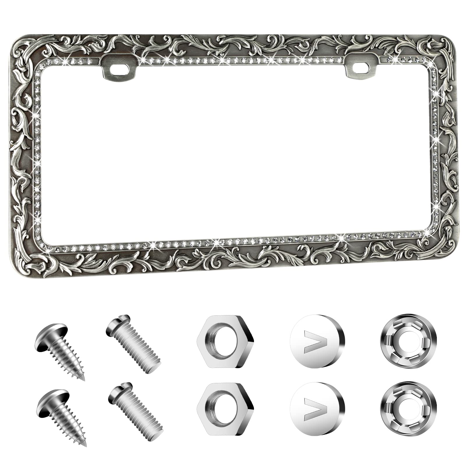Valor Gel Metal Car License Plate Frames,Antique Old Pattern Printing, Bling Crystal Rhinestones Inlaid,Universal 2 Holes Automo